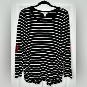 Market & Spruce B&W Striped Long Sleeve Tee w/ buffalo plaid elbow patches
